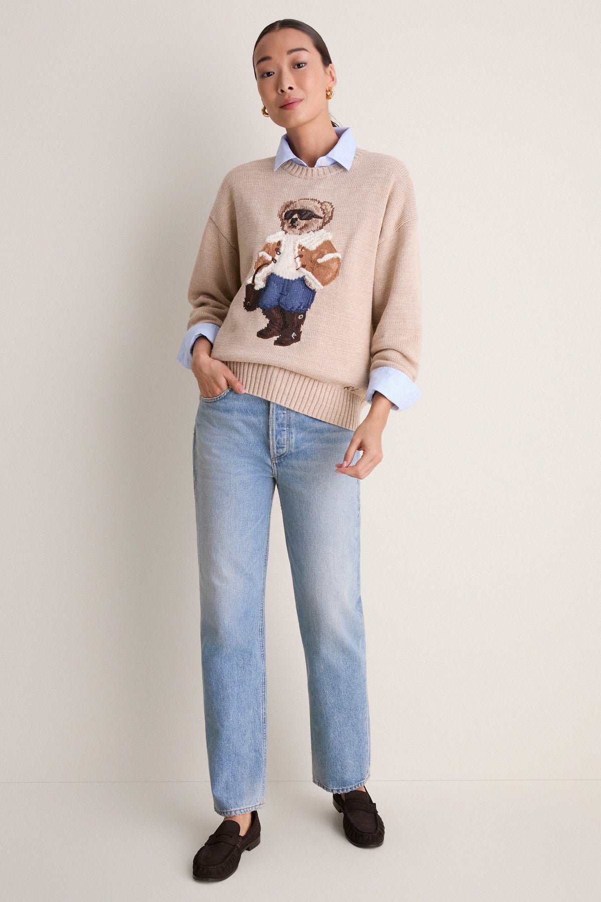 Tan Multi Cotton Long Sleeve Crewneck Sweater