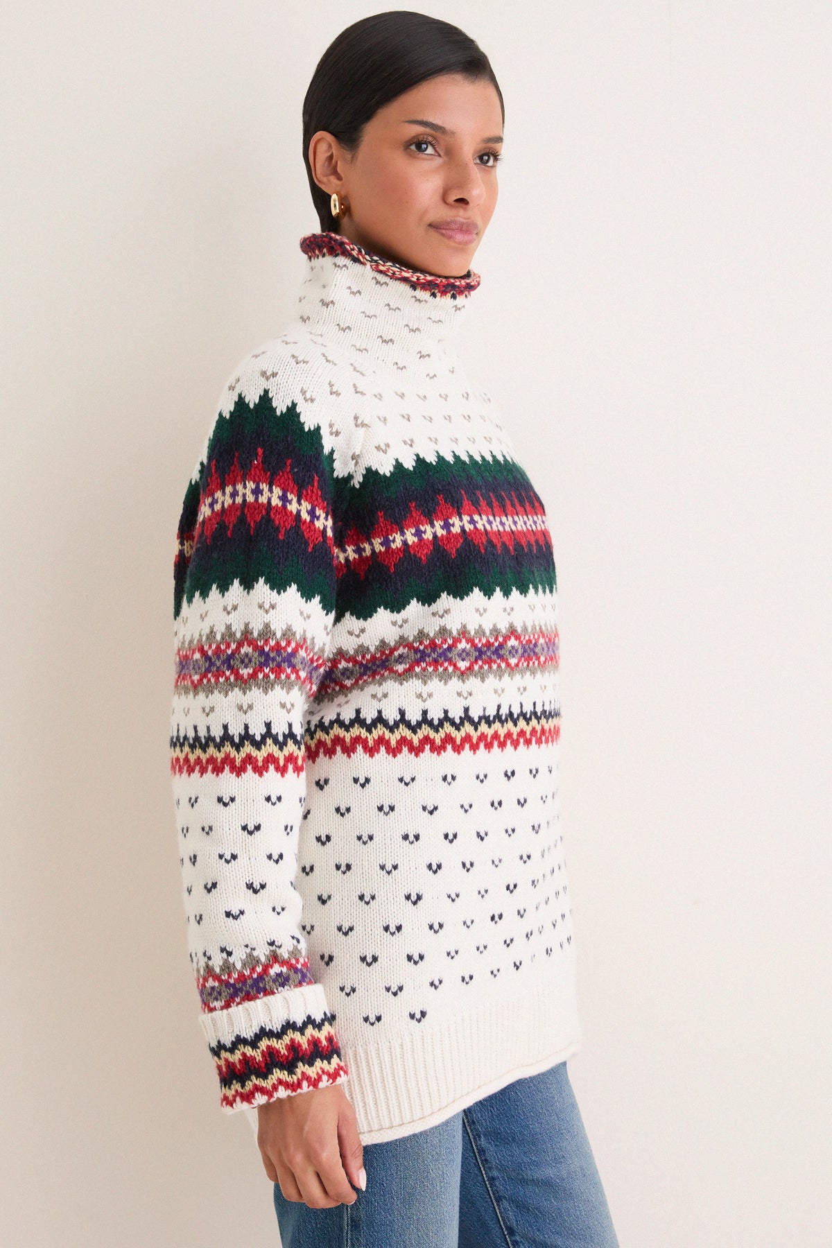Cream Multi Cotton Wool Long Sleeve Turtleneck Sweater
