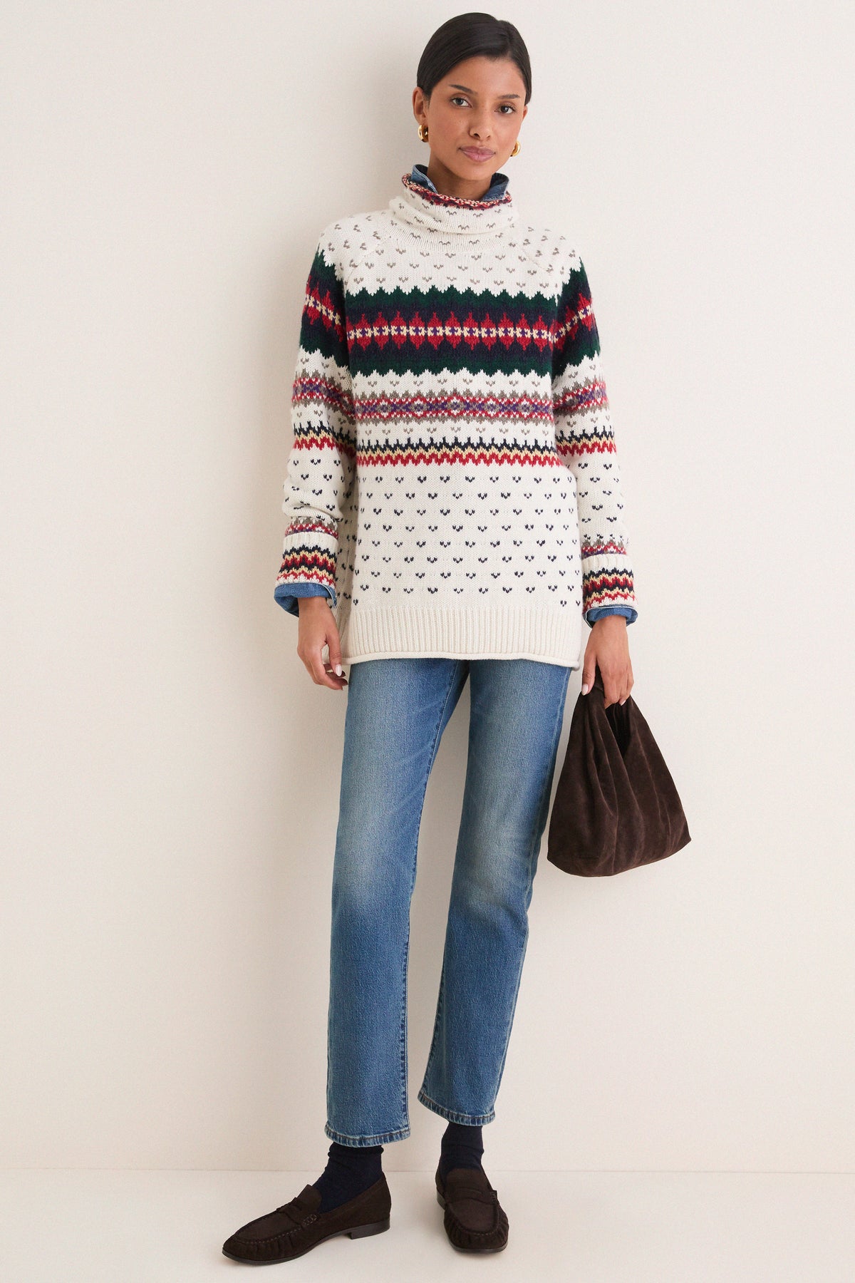Cream Multi Cotton Wool Long Sleeve Turtleneck Sweater