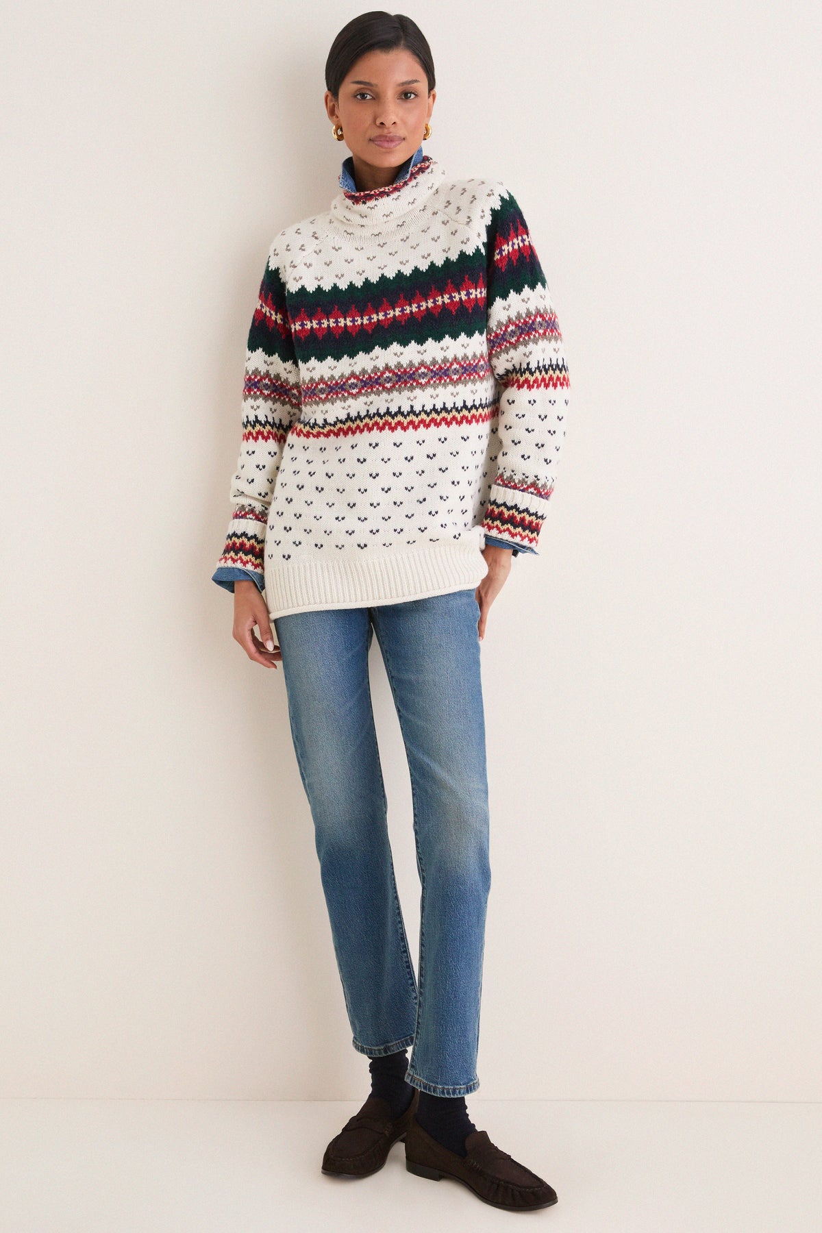 Cream Multi Cotton Wool Long Sleeve Turtleneck Sweater