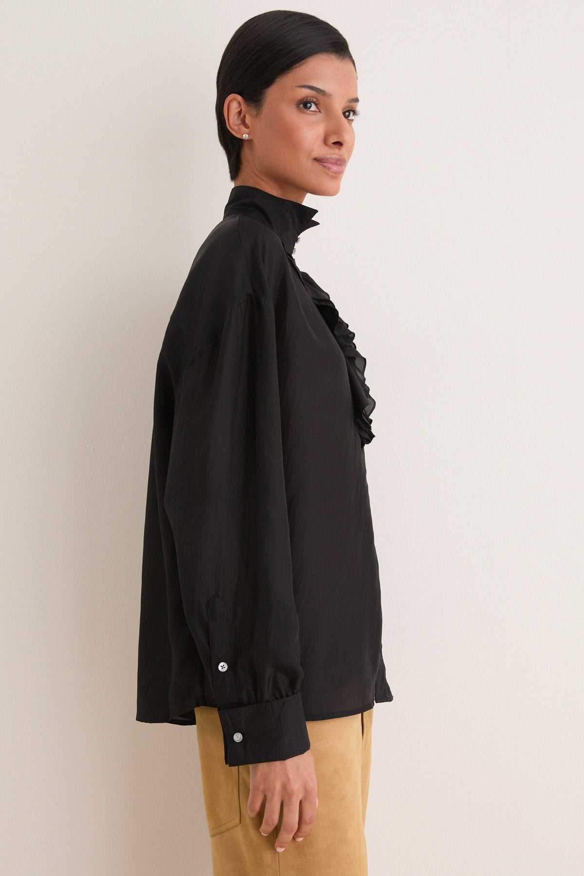 Polo Black Silk Habotai Woven Long Sleeve Collared Shirt