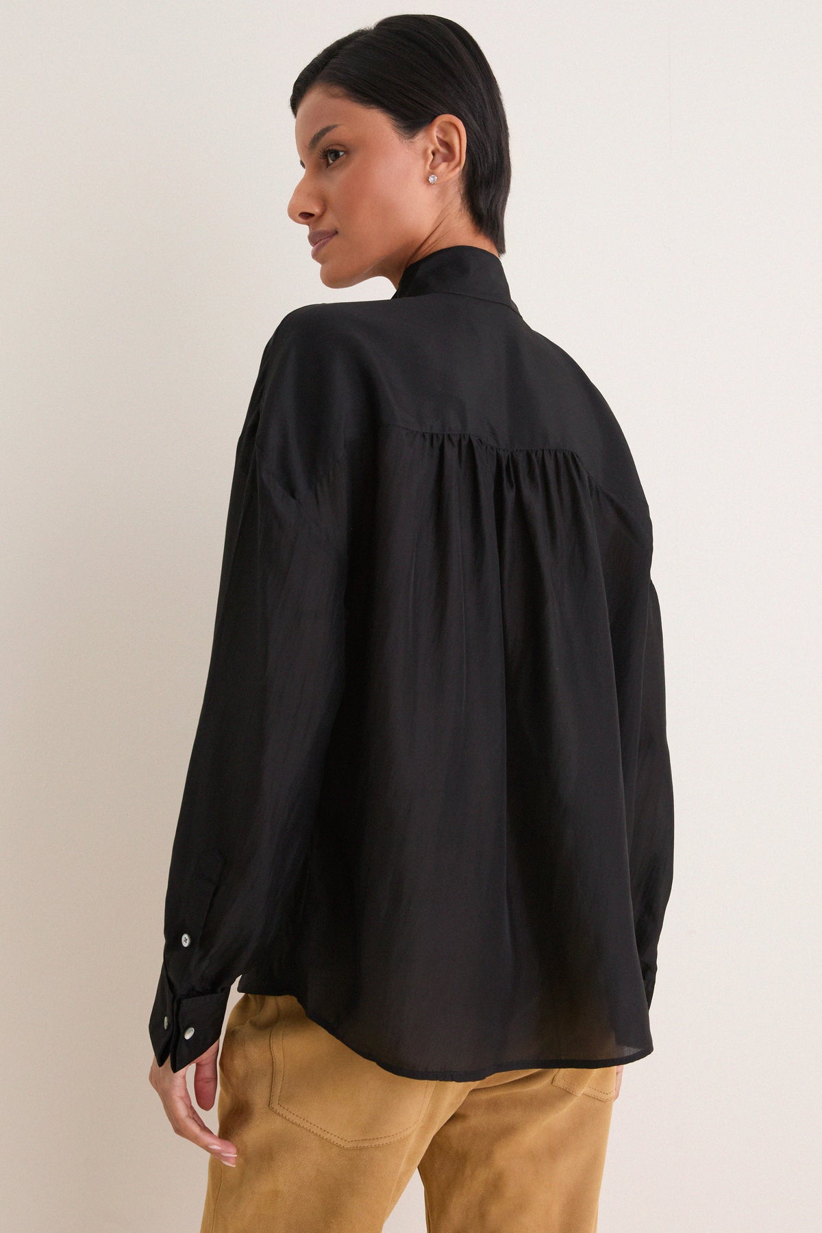 Polo Black Silk Habotai Woven Long Sleeve Collared Shirt