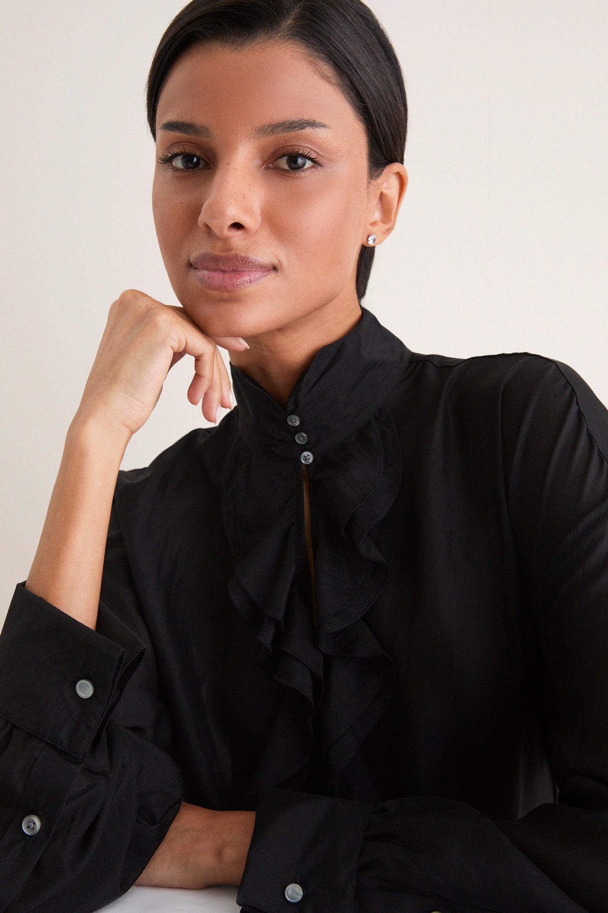 Polo Black Silk Habotai Woven Long Sleeve Collared Shirt