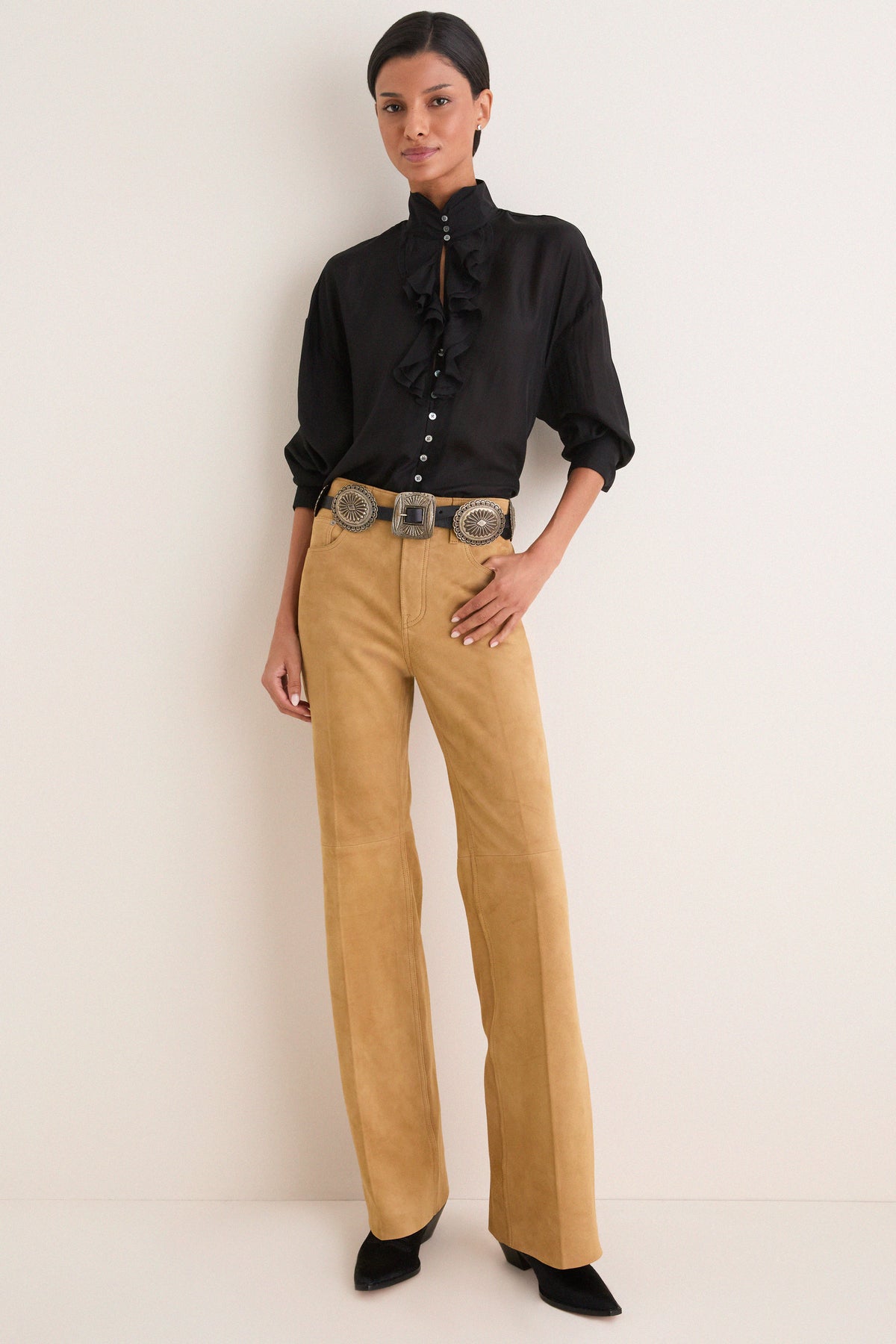 Polo Black Silk Habotai Woven Long Sleeve Collared Shirt