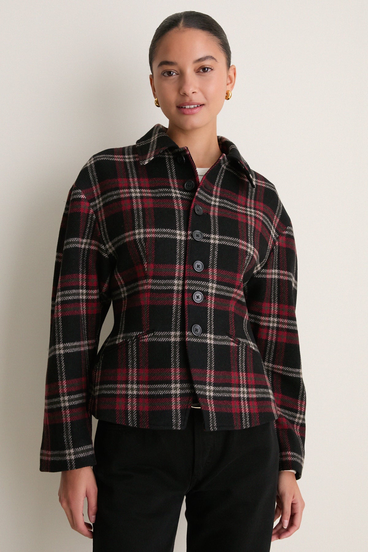 Red Multi Plaid Wool Blend Tweed Woven Blazer