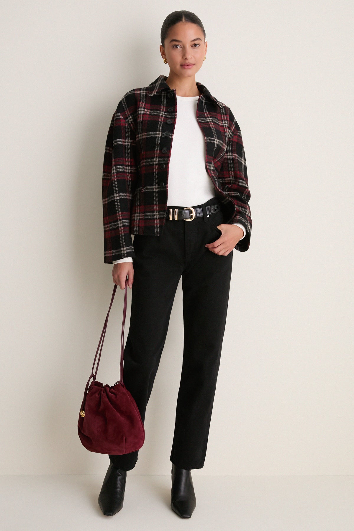 Red Multi Plaid Wool Blend Tweed Woven Blazer