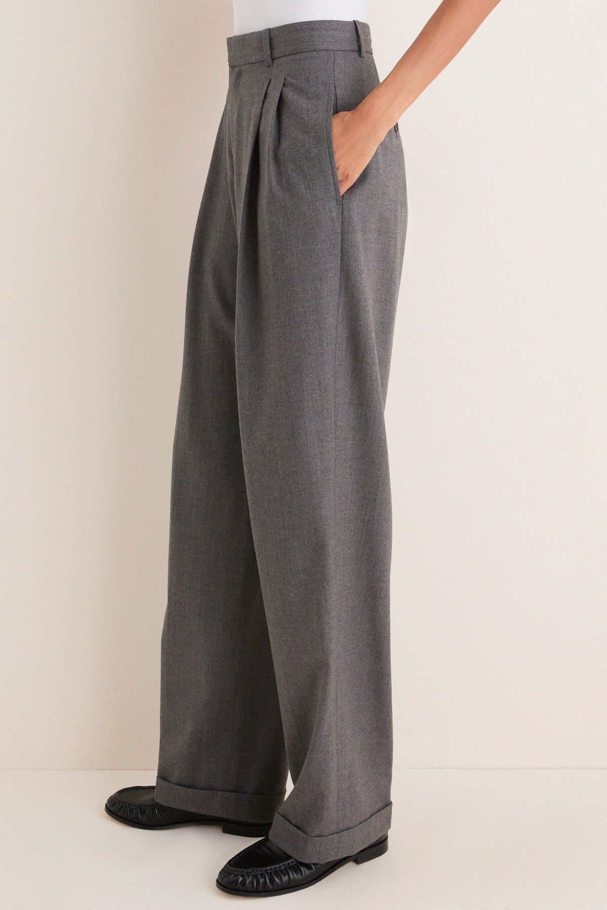 Medium Grey Melange Stretch Woven Standard Wide Leg Pants