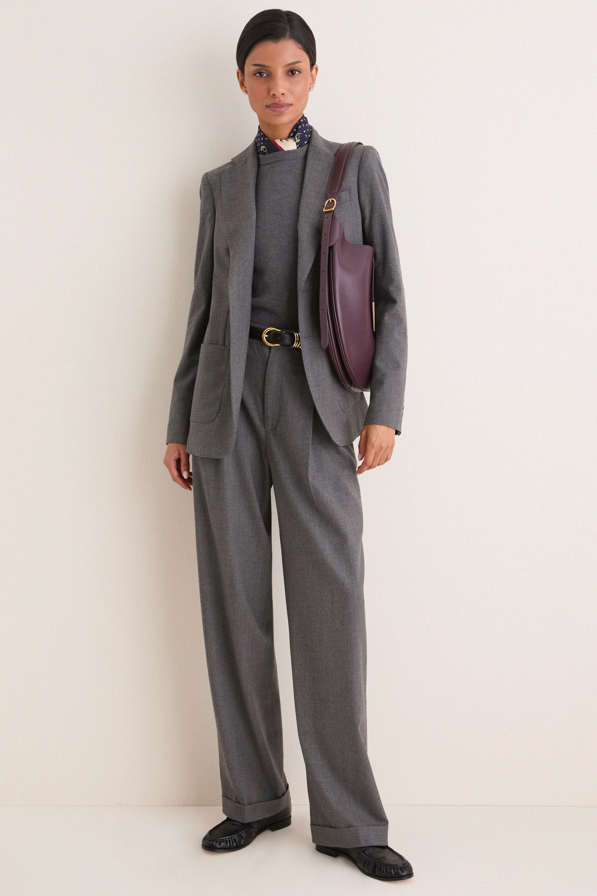 Medium Grey Melange Stretch Woven Standard Wide Leg Pants