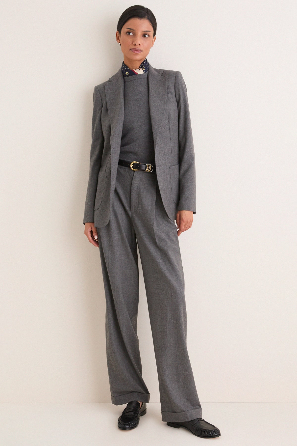 Medium Grey Melange Stretch Woven Standard Wide Leg Pants