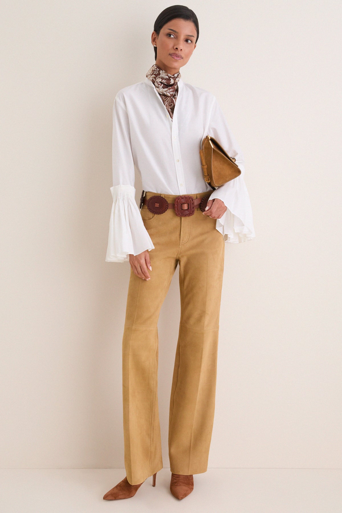 Khaki Grain Back Suede Woven Standard Flare Pants