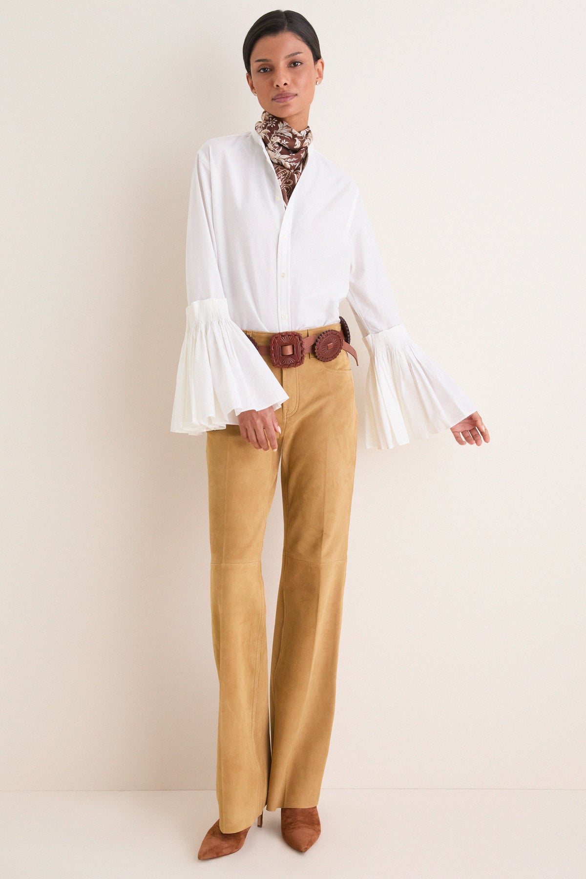 Khaki Grain Back Suede Woven Standard Flare Pants