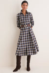 Brown Blue Multi Heathered Cotton Twill Woven Collared Long Sleeve Midi Dress