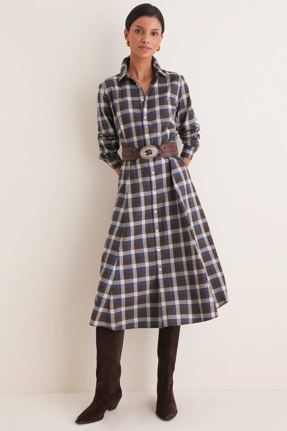 Brown Blue Multi Heathered Cotton Twill Woven Collared Long Sleeve Midi Dress