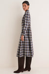Brown Blue Multi Heathered Cotton Twill Woven Collared Long Sleeve Midi Dress