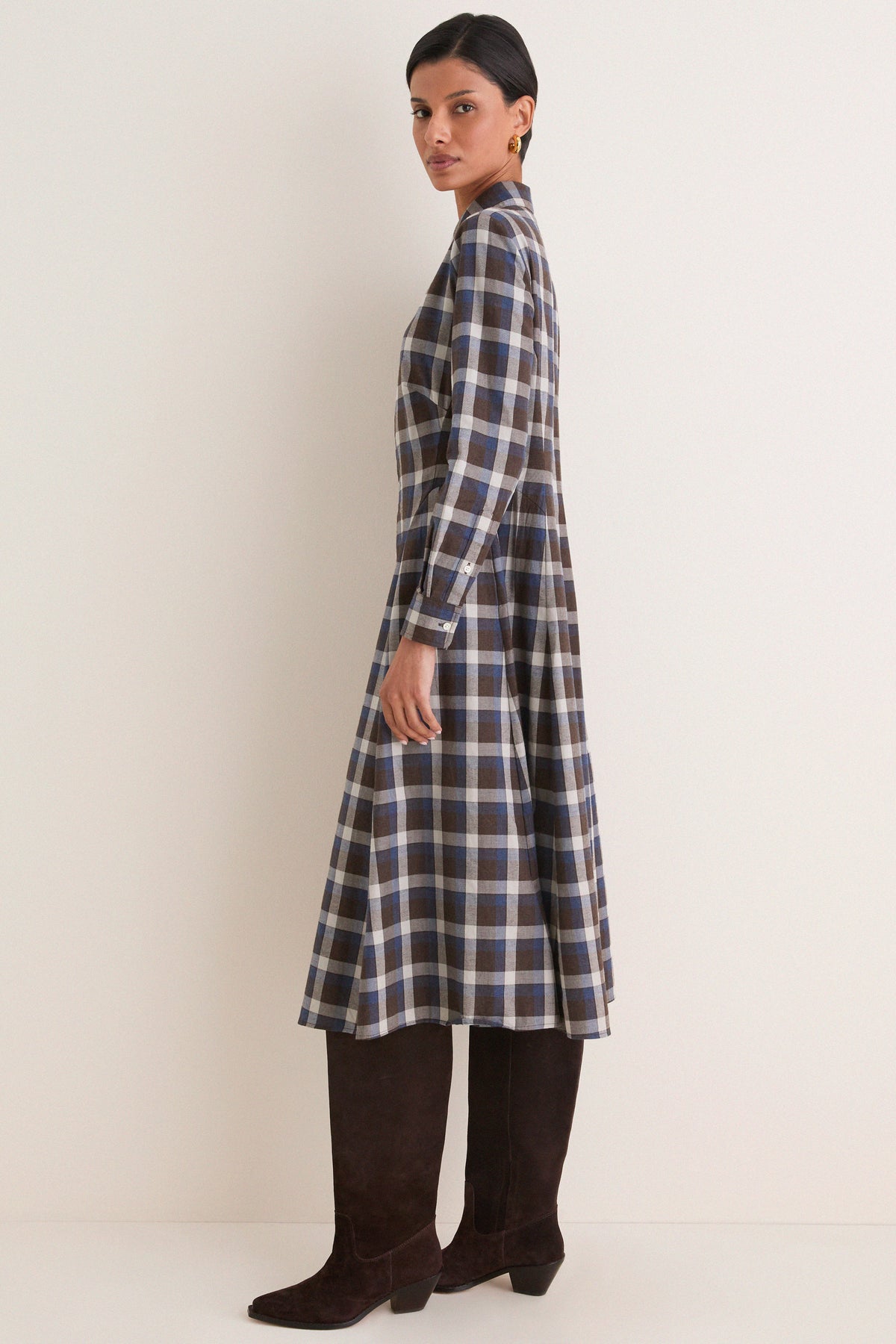 Brown Blue Multi Heathered Cotton Twill Woven Collared Long Sleeve Midi Dress