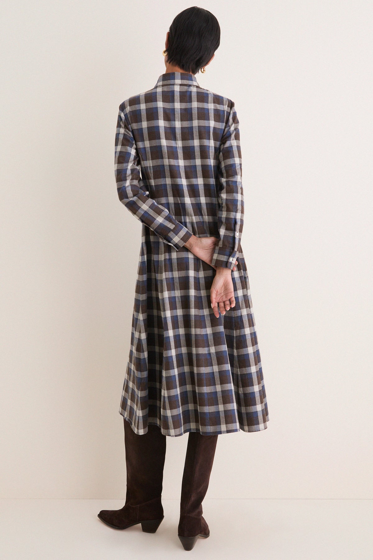 Brown Blue Multi Heathered Cotton Twill Woven Collared Long Sleeve Midi Dress