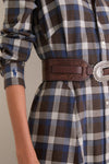 Brown Blue Multi Heathered Cotton Twill Woven Collared Long Sleeve Midi Dress