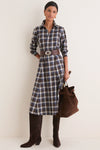 Brown Blue Multi Heathered Cotton Twill Woven Collared Long Sleeve Midi Dress