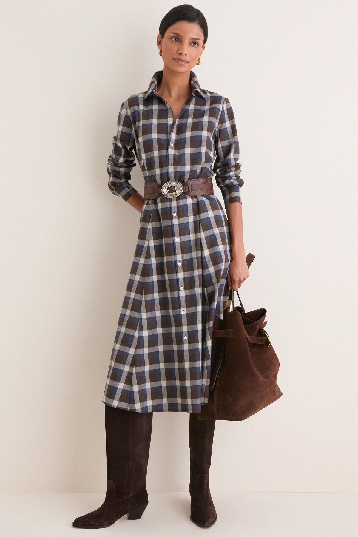 Brown Blue Multi Heathered Cotton Twill Woven Collared Long Sleeve Midi Dress