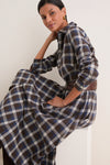Brown Blue Multi Heathered Cotton Twill Woven Collared Long Sleeve Midi Dress