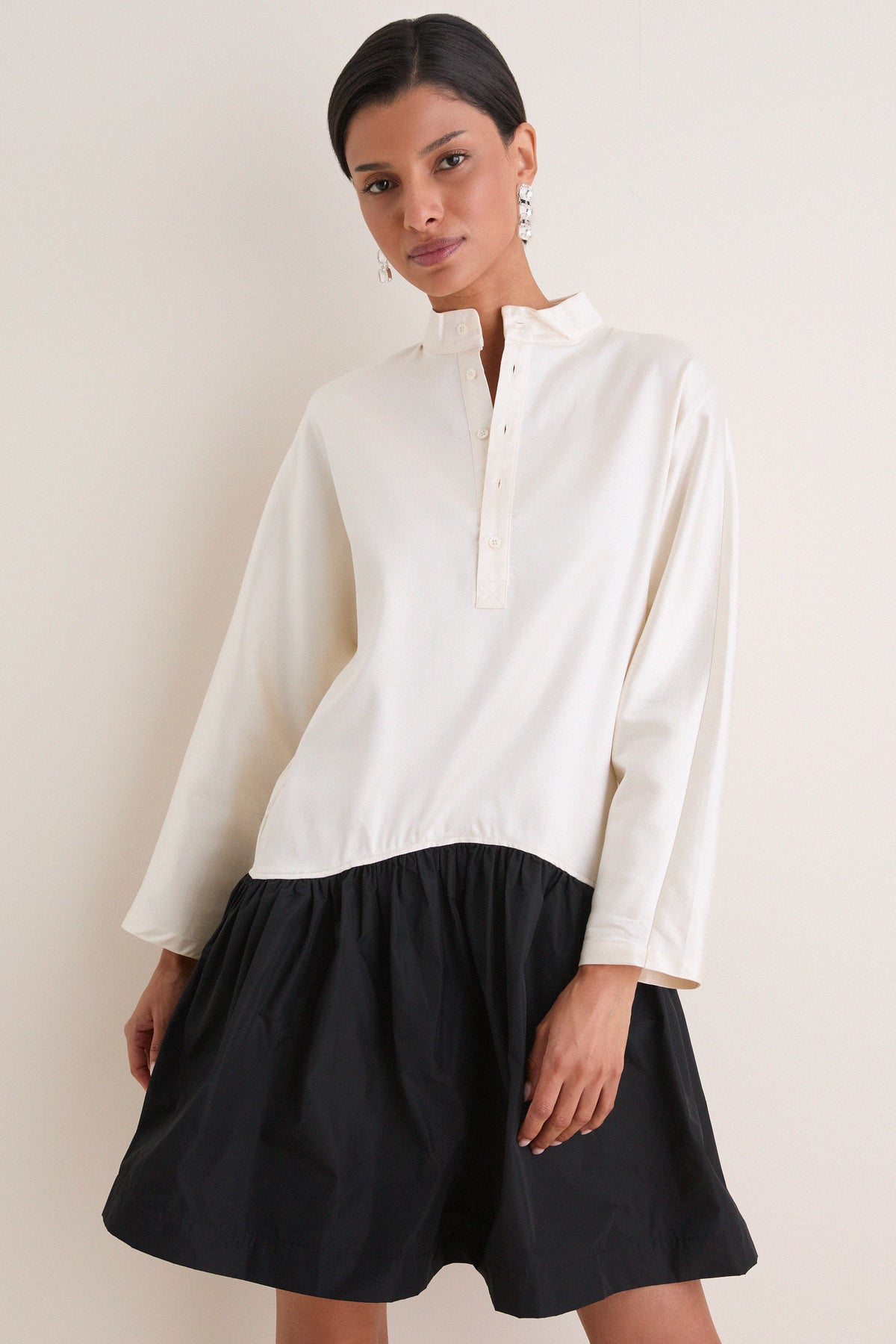 Antique Cream and Polo Black Silk Gazar Taffeta Band Collar Long Sleeve Mini Dress