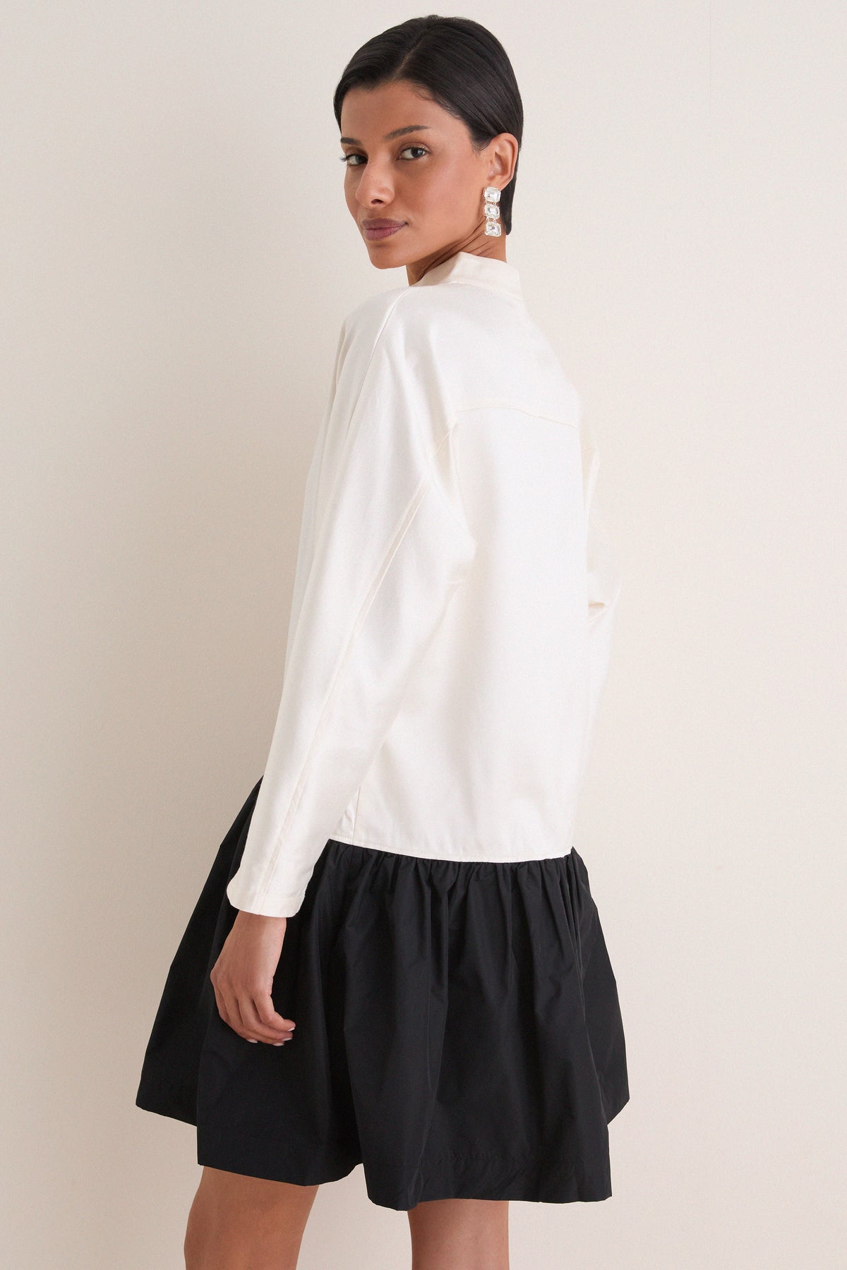 Antique Cream and Polo Black Silk Gazar Taffeta Band Collar Long Sleeve Mini Dress