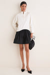 Antique Cream and Polo Black Silk Gazar Taffeta Band Collar Long Sleeve Mini Dress