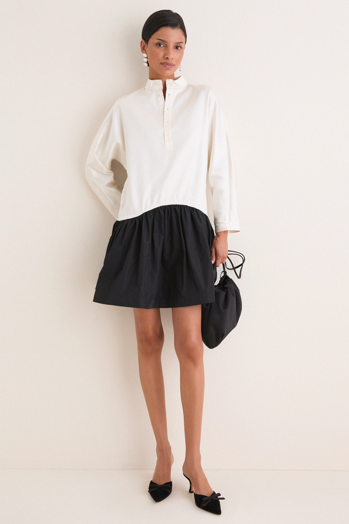 Antique Cream and Polo Black Silk Gazar Taffeta Band Collar Long Sleeve Mini Dress