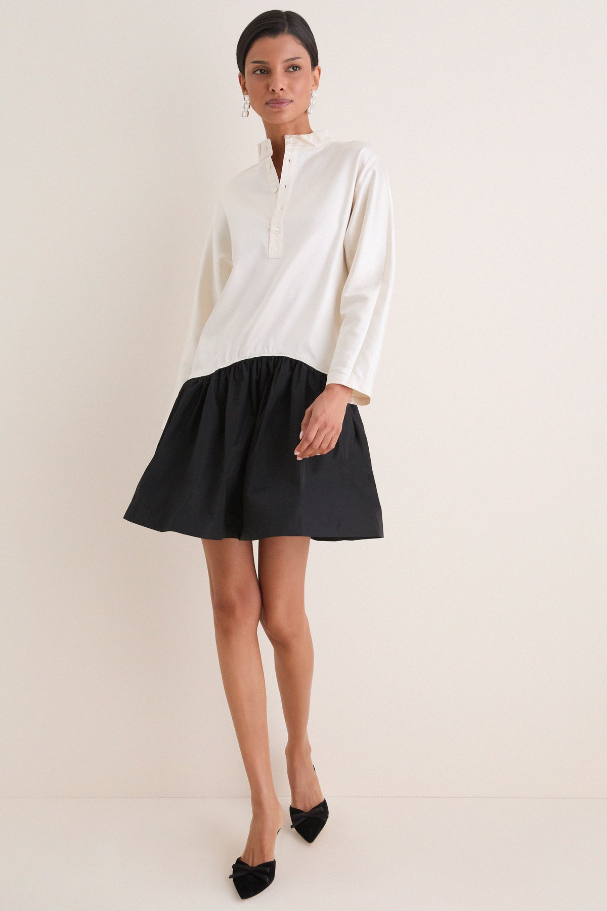 Antique Cream and Polo Black Silk Gazar Taffeta Band Collar Long Sleeve Mini Dress