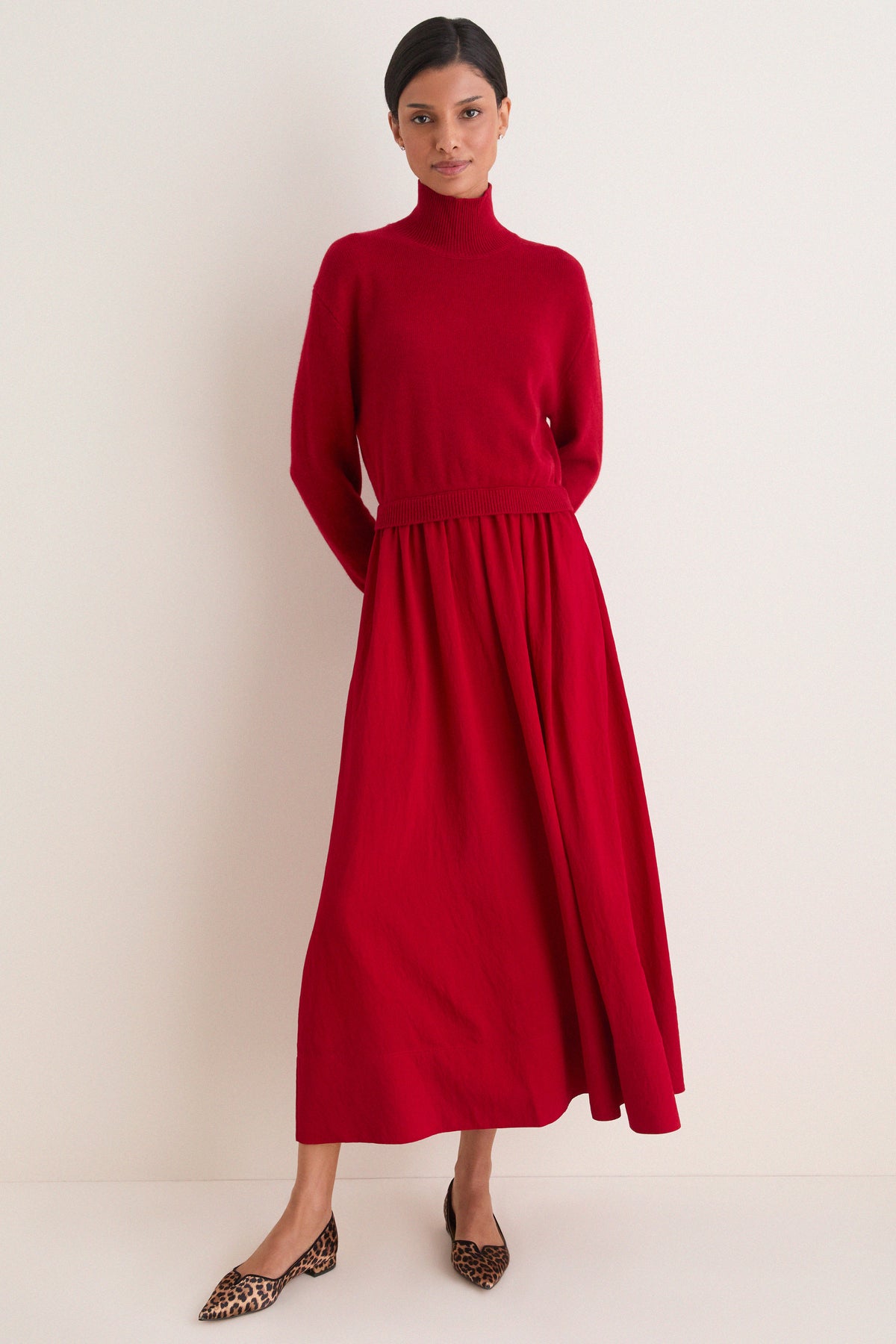 Eaton Red Wool Crepe Woven Long Sleeve Maxi Dress