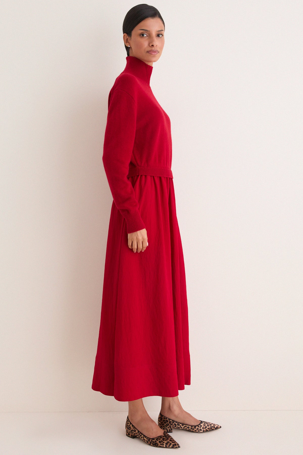 Eaton Red Wool Crepe Woven Long Sleeve Maxi Dress