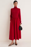 Eaton Red Wool Crepe Woven Long Sleeve Maxi Dress