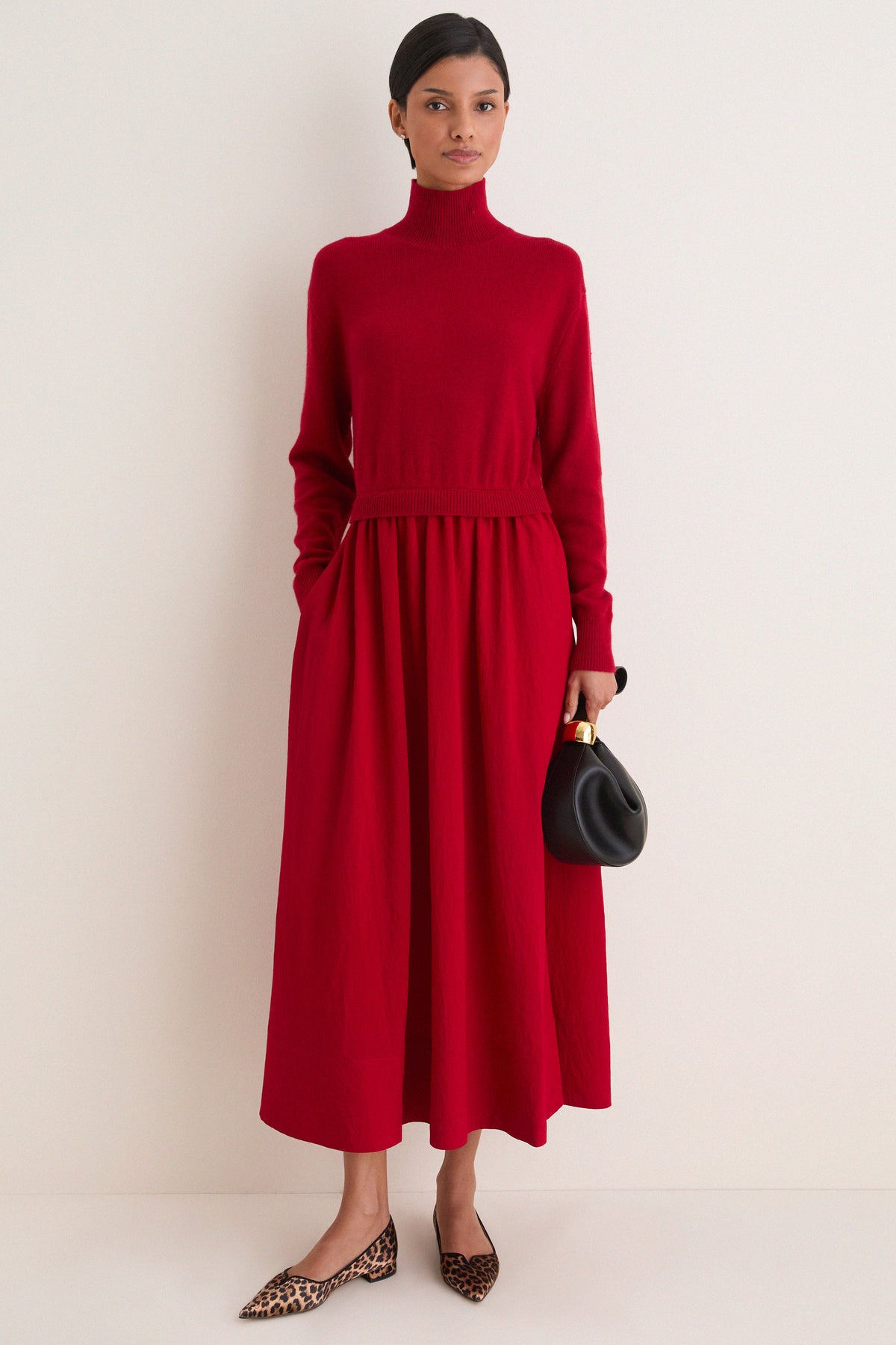 Eaton Red Wool Crepe Woven Long Sleeve Maxi Dress