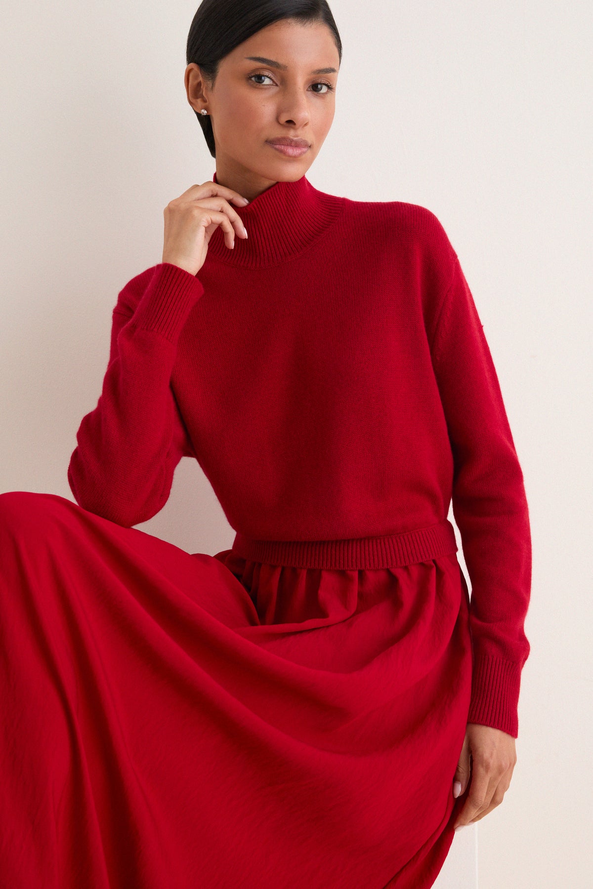 Eaton Red Wool Crepe Woven Long Sleeve Maxi Dress