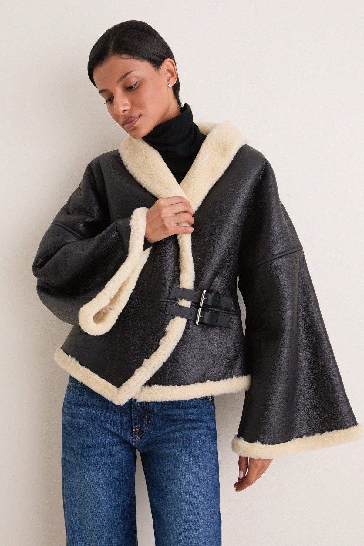 Black and Cream Span Merino Shearling Leather Coat
