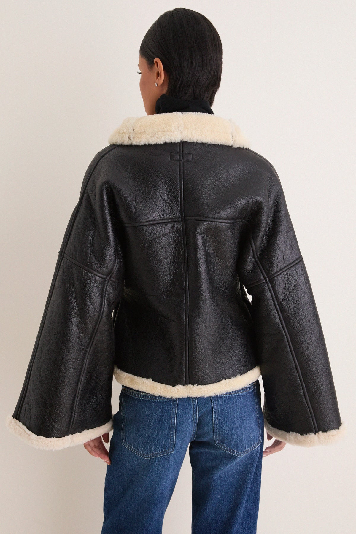 Black and Cream Span Merino Shearling Leather Coat