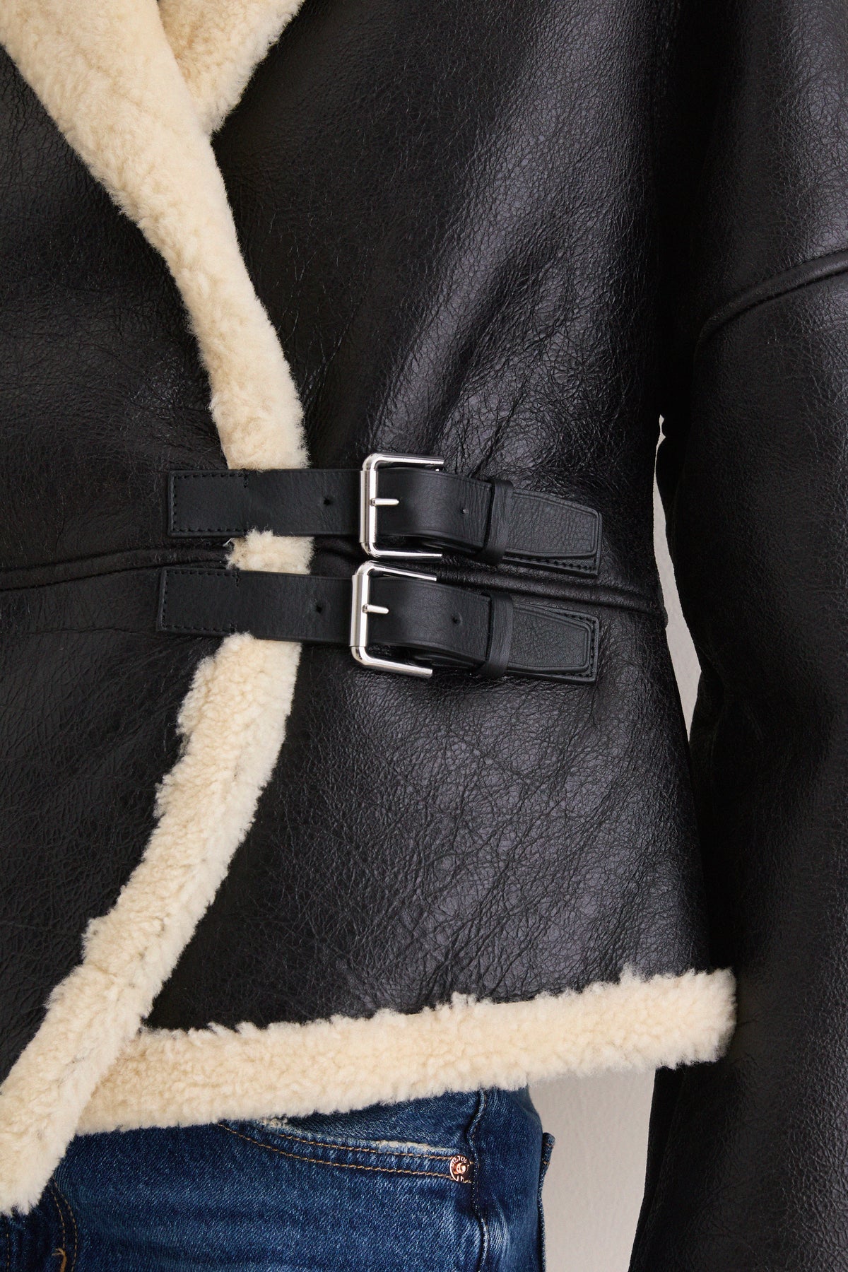 Black and Cream Span Merino Shearling Leather Coat