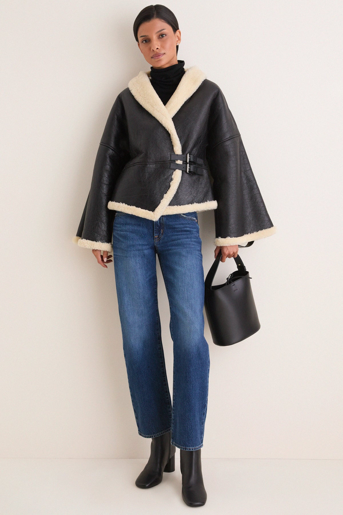 Black and Cream Span Merino Shearling Leather Coat
