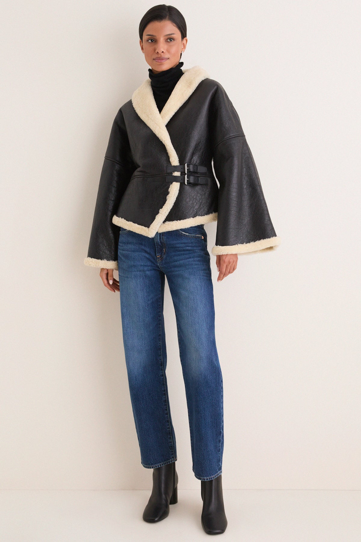 Black and Cream Span Merino Shearling Leather Coat