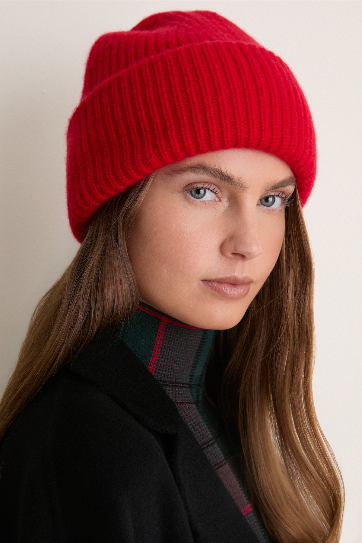 Red Cashmere Ribbed Beanie