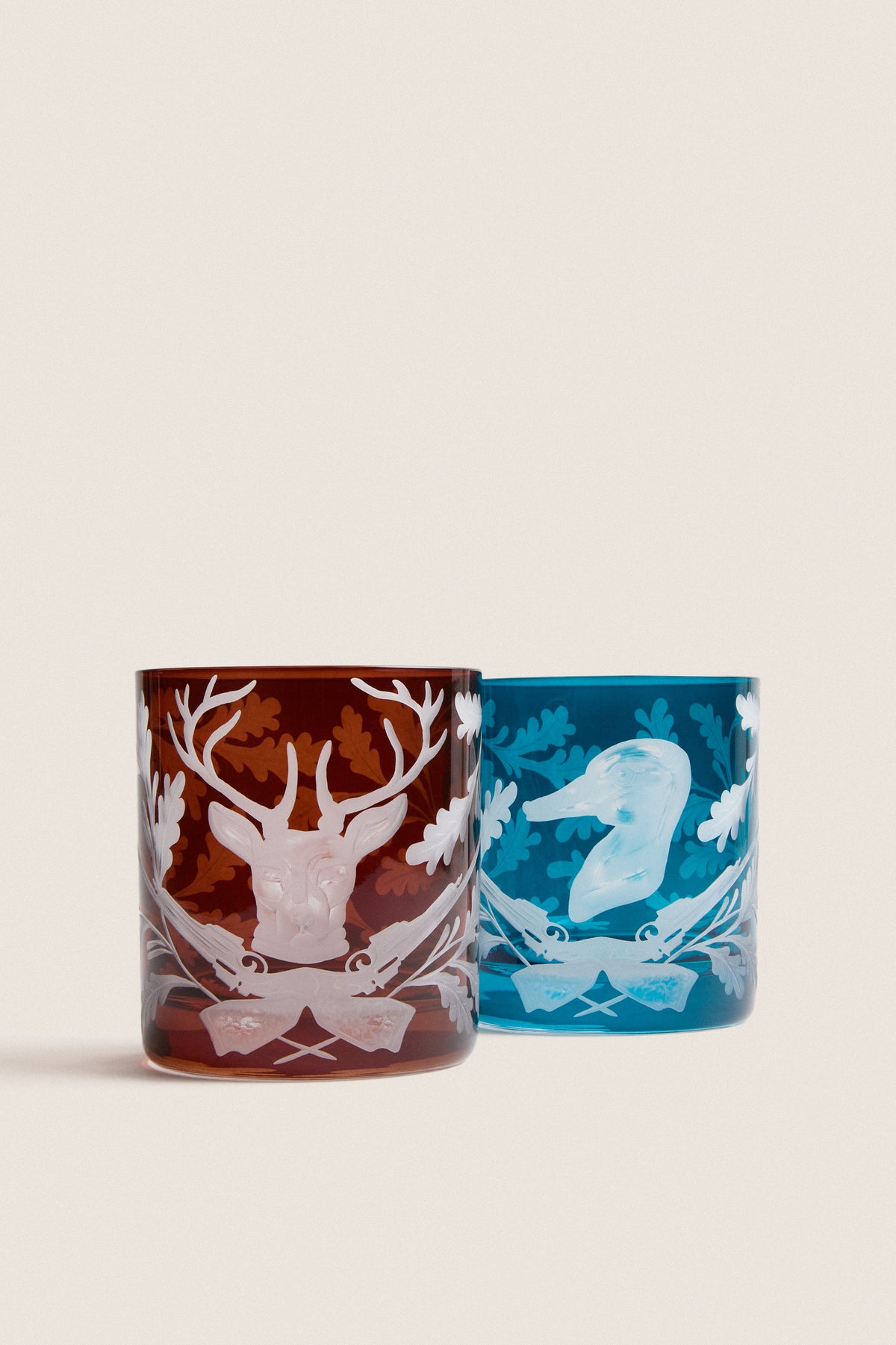 Mahogany Stag and Peacock Duck Double Old Fashioned Glass (Set of 2)