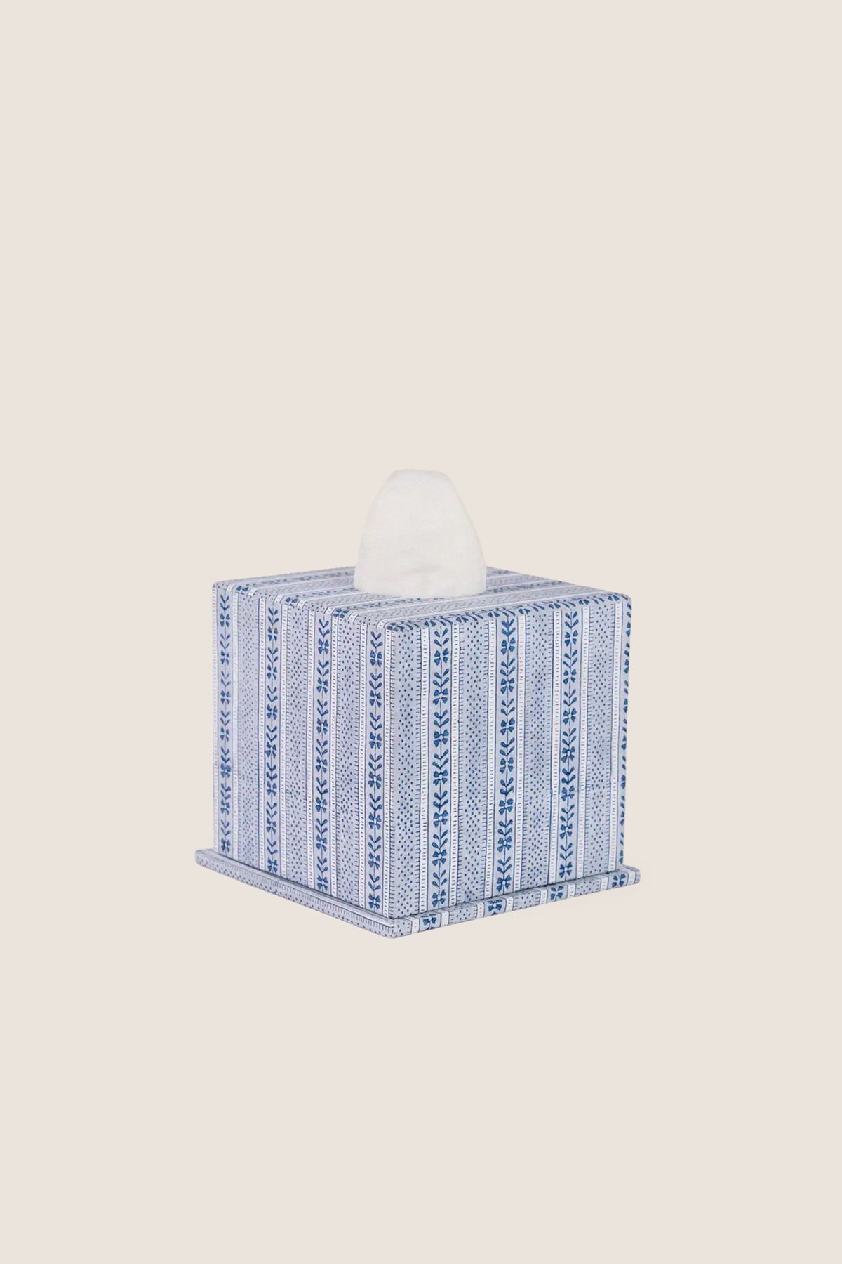 Harbor Blue Floral Stripe Block Printed Square Tissue Box