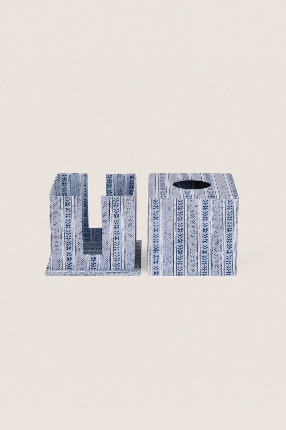 Harbor Blue Floral Stripe Block Printed Square Tissue Box