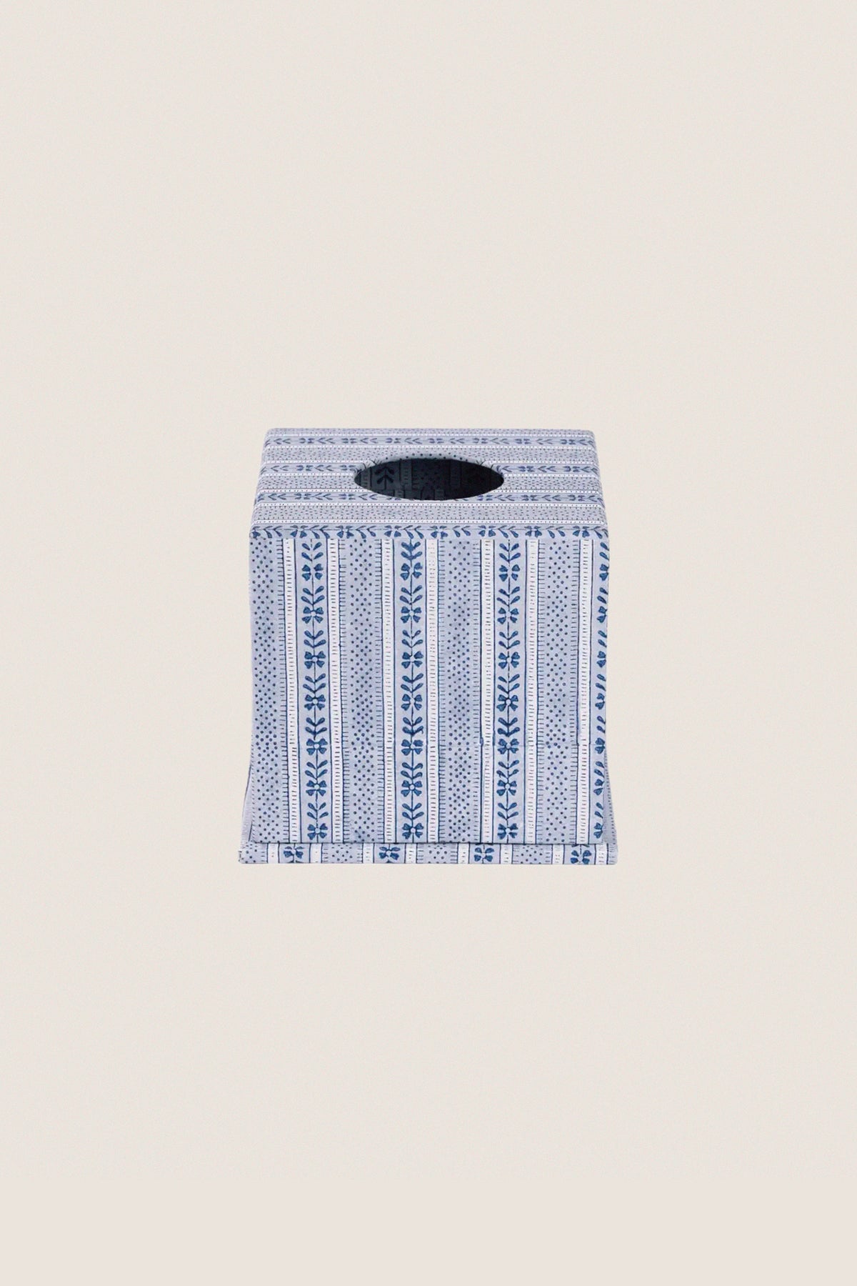 Harbor Blue Floral Stripe Block Printed Square Tissue Box