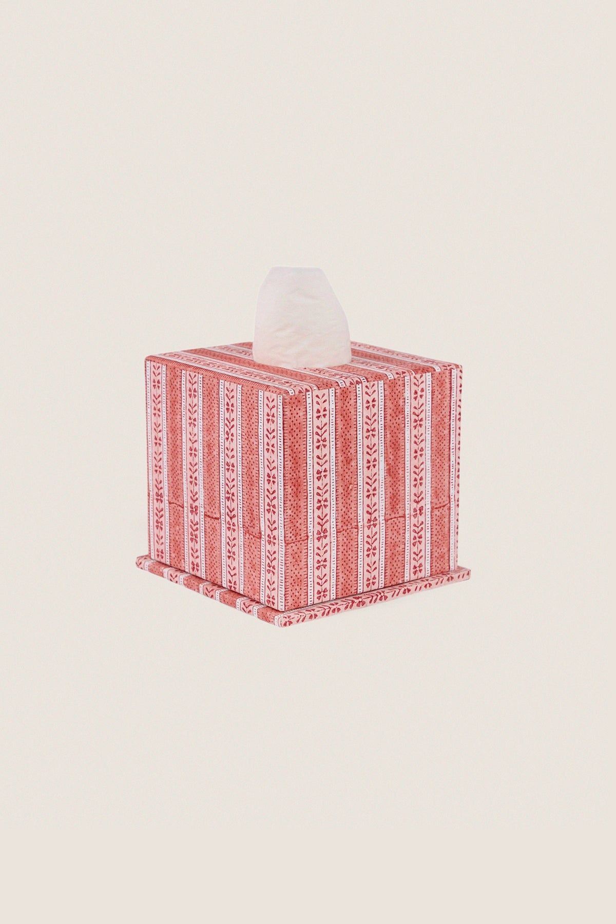 Garnet Red Floral Stripe Block-Printed Square Tissue Box