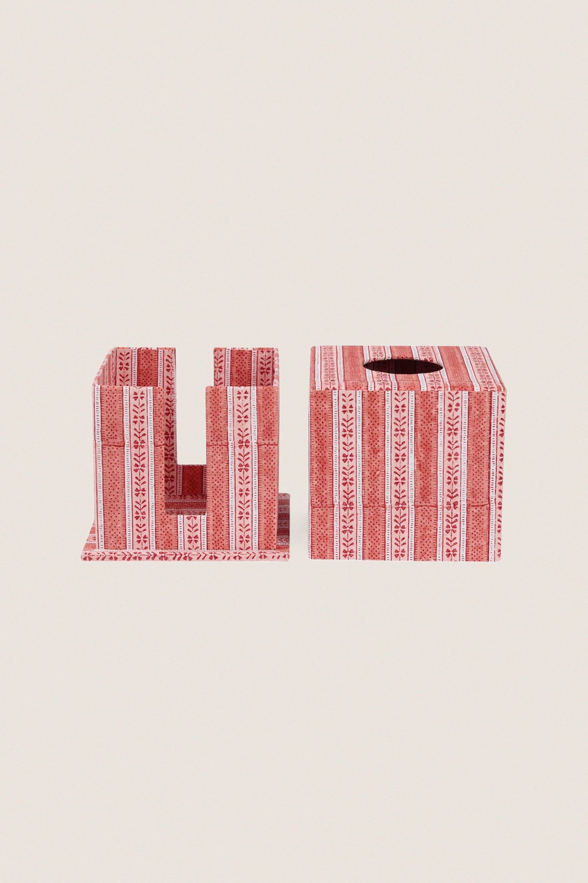 Garnet Red Floral Stripe Block-Printed Square Tissue Box