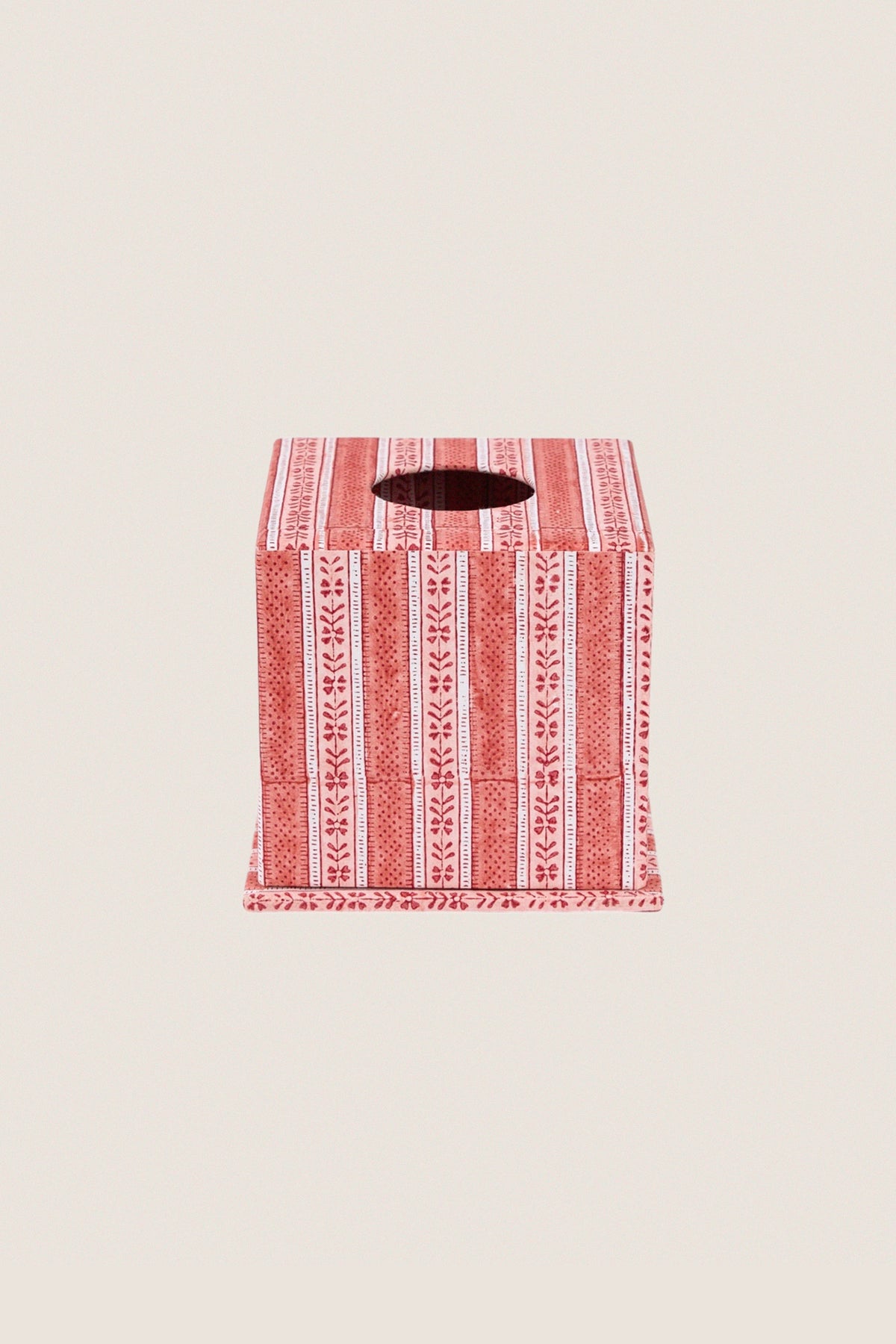 Garnet Red Floral Stripe Block-Printed Square Tissue Box