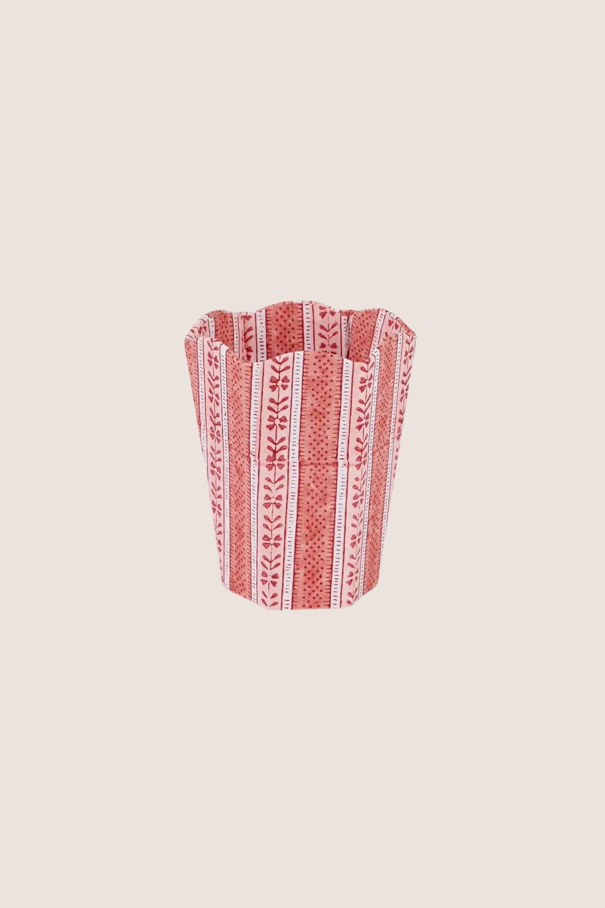 Garnet Red Floral Stripe Block Printed Scalloped Pen Pot