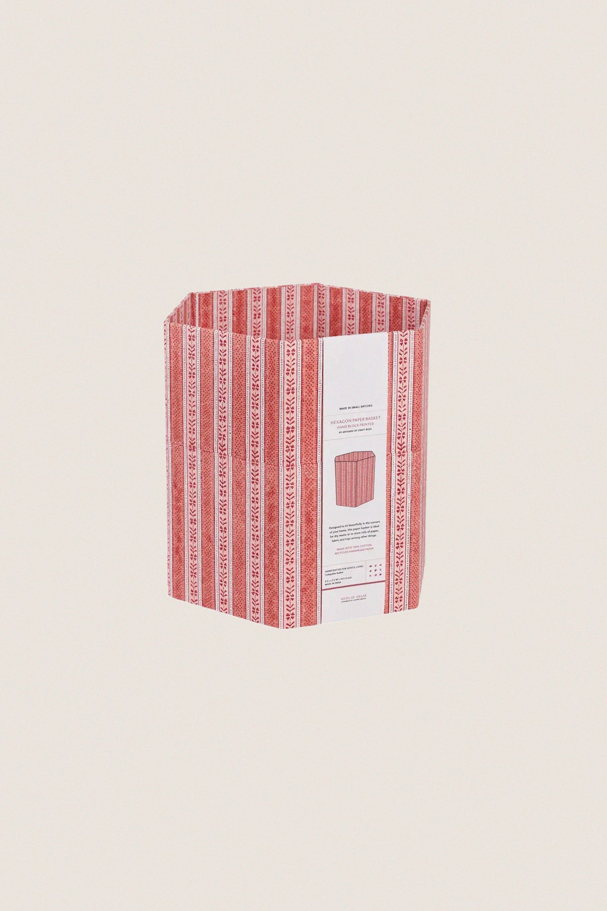 Garnet Red Floral Stripe Block Printed Hexagon Basket