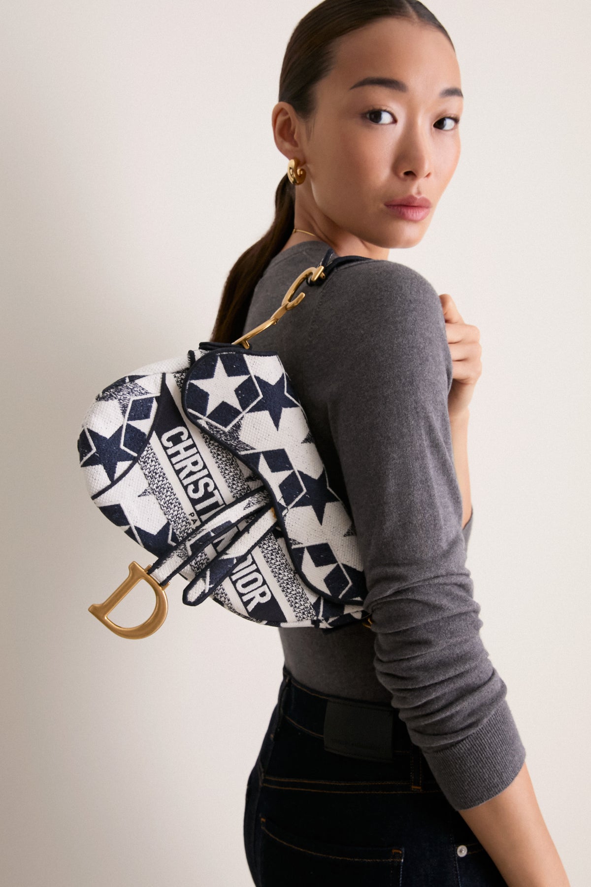 DIOR White and Navy Saddle Bag Shoulder